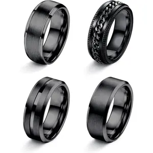 Cool 4 Pcs Black Durable Wedding Band Stylish Stainless Steel Rings for Men Women Fashionable Simple Sturdy Fidget Ring Smooth Surface Comfortable To Wear Engagement Promise Wedding Rings for Multiple Occasions Christmas Gift