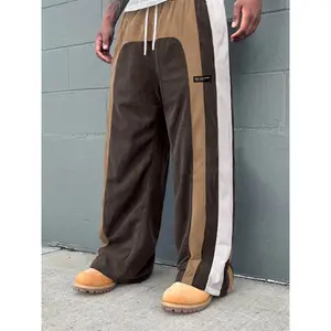 ZD-Retro Colorblock Corduroy Sweatpants - Casual Loose Fit, Straight Leg, Machine Washable, Polyester Blend, Ideal Casual Attire