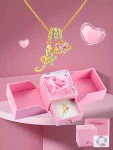 Rose Jewelry Gift Box With Alphabet Initial Heart Necklace for Women, Valentine's Day Wedding Anniversary Jewelry Gift for Girlfriend Wife, Birthday Christmas Gift for Daughter Mom
