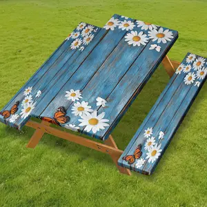 3pcs Picnic Table Cover with Bench Cover Elastic Edges Featuring Wood Grain and Daisy Pattern Washable Table Cover Rectangle Tablecloth for Wedding Camping Picnic Garden Party Camping Essentials Camping Fitted Tablecloth Camping Decoration