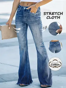 Elegant Casual Women's Denim Flare Pants, Long Length, Medium Stretch, Frayed Details, Pockets Included, Perfect for Daily Wear