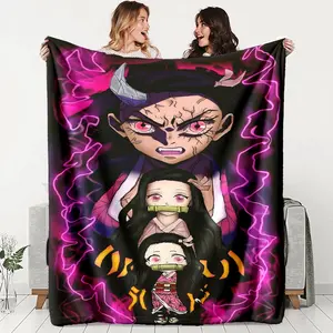 Demon Slayer Nezuko Theme Flannel Blanket, Soft and Warm, 100% Fiber, Perfect for Bed, Sofa, Office, Camping, Travel Gift, Flannel Throw Blanket