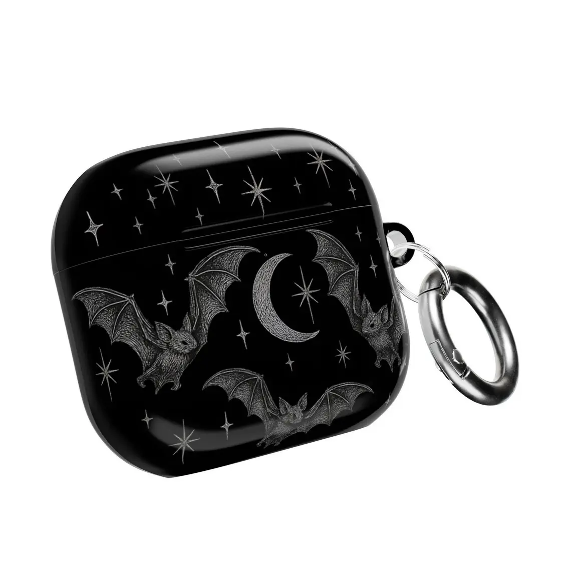 Gothic Flying Bats Crescent Moon Case Cover Compatible with AirPods Pro 2 1 3, AirPods 4 3 2 1 - Dark Witchy Celestial Starry Glossy Hard Case (2D Flat Printed)
