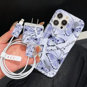5-Piece Cute Transparent Phone Case Set with Butterfly Design, Includes Charger Headset, Cable Protector, Ideal Birthday & Christmas Gift for Teens & Couples