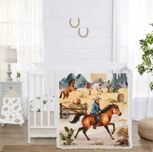 Sweet Jojo Designs 4-Piece Baby Crib Bedding Set (Western Cowboy) for Boys, Infants/Nursery incl. Blanket, Fitted Sheet, Skirt, Diaper Stacker (Wild West, South Country, Horse, Cow Print, Farm Animal)