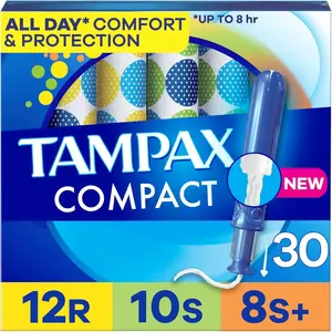 Tampax Compact Pearl Tampons Multipack, with LeakGuard Braid & Extendable Applicator, Regular/Super/Plus Absorbency, Compact Extendable Applicator, Unscented, 30 Count Period Radiant Menstrual Protection