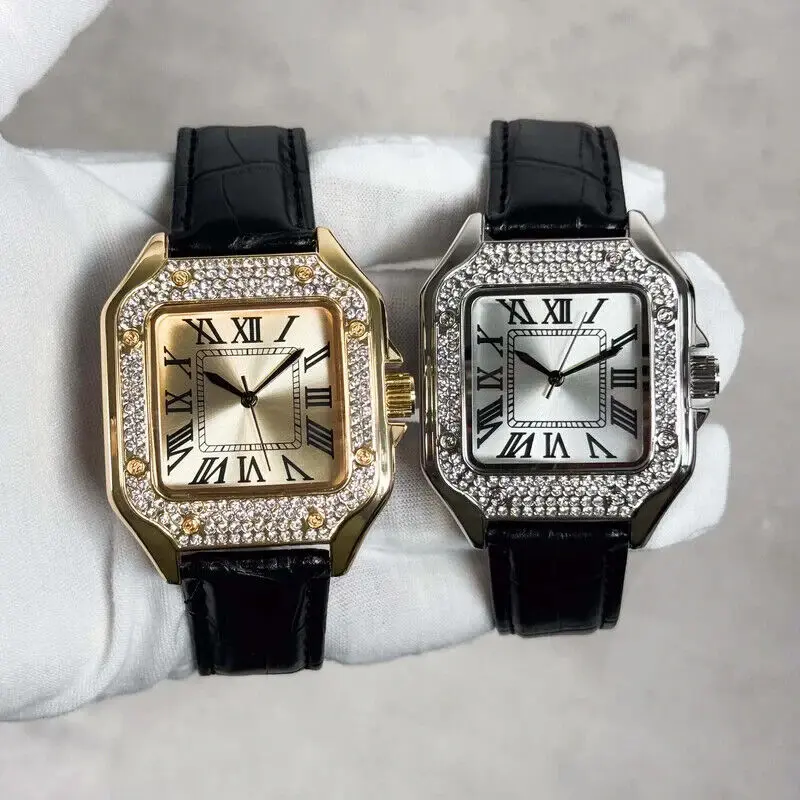 MaxBling81 Men's Urban Chic Square Watch, Iced Roman Dial, 8-Inch Leather Band, Waterproof Analog Quartz Movement, 32mm Case with Buckle, Fashionable Stylish Watch, Iced Look, Square Dial, Male Wear, Casual Event, Alloy, Iced Square Watch