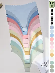 12pcs Solid Seamless Thongs, Sexy Comfy Breathable Stretchy Intimates Panties, Women's Lingerie & Underwear, Casual