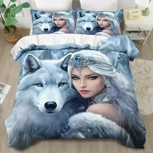 Princess & Wolf Print Bedding Set, King Queen Style Cotton Sheet Set, Bedroom Guest Room, Birthday Gift