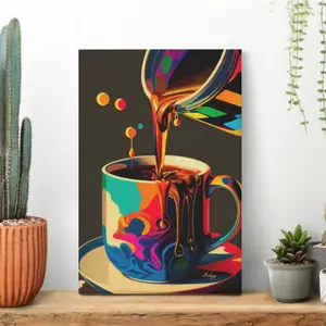 2D flat high-definition canvas wall art—accurate colors, moisture resistance and wear resistance, easy installation. Pop-style colorful splash coffee spill scene art poster; vibrant modern canvas wall art. Suitable for kitchen decor, restaurant background
