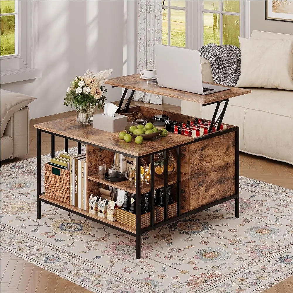Coffee Table with Storage, Lift Top Coffee Table with Display Shelf and Hidden Compartment, Retro Central Table with Lift Tabletop,for Living Room