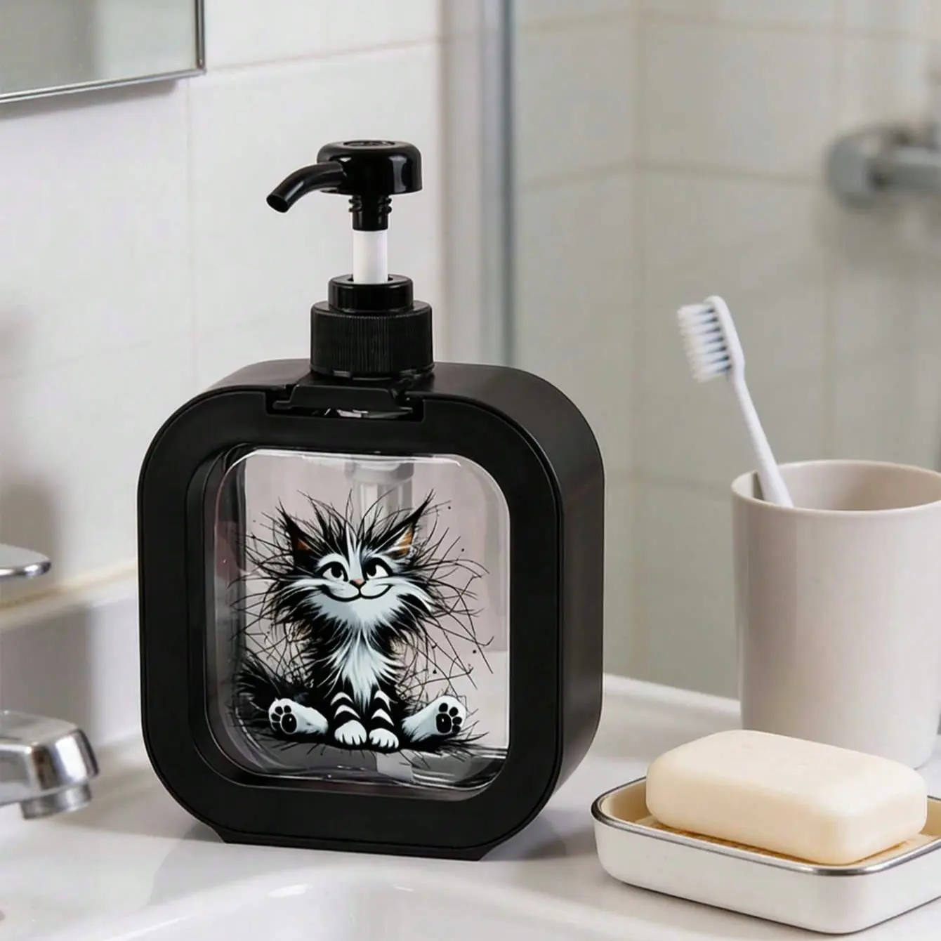 Cute Cartoon Cat Kitty Liquid Soap Dispenser, Moisturizing Hand Sanitizer Pump Bottle, Large Capacity Empty Bottle, Ideal for Bathroom Kitchen Sink, Soap Container