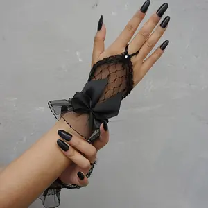 A Pair of Black Y2K Punk-Style Fingerless Gloves Featuring Bow And Lace Details - Designed with a Non-Stretch Texture, Suitable for Women'S Daily Wear, Parties, And Wedding Decorations, Adorned with Decorative Bow Accents.