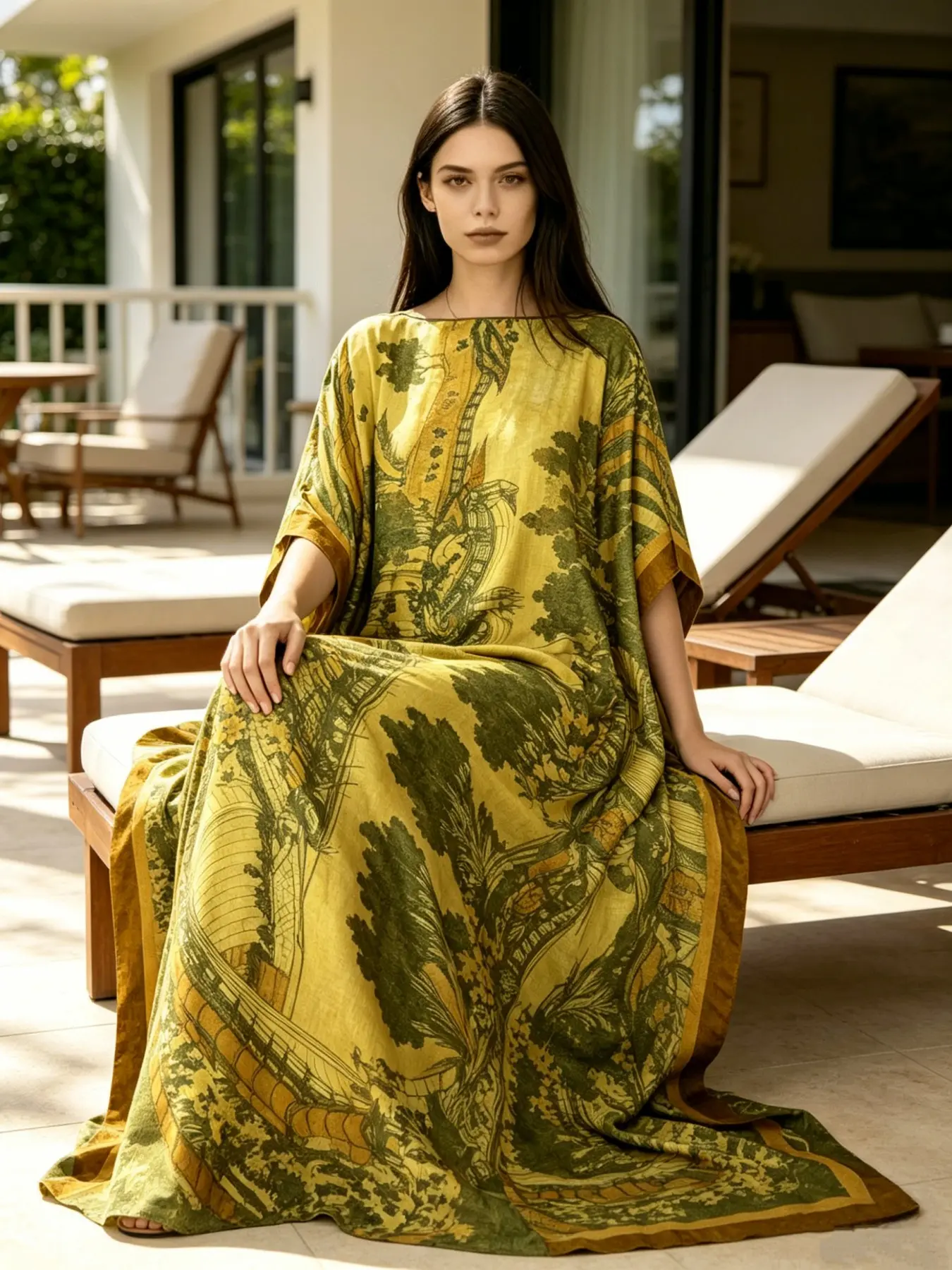 1 retro ocean tie dye dress+1 yellow green flower color contrasting 2-piece satin Kaftan set, women's oversized summer beach gown loose Muslim pajamas, a loose and fashionable choice for daily and party wear, perfect for beaches and resorts