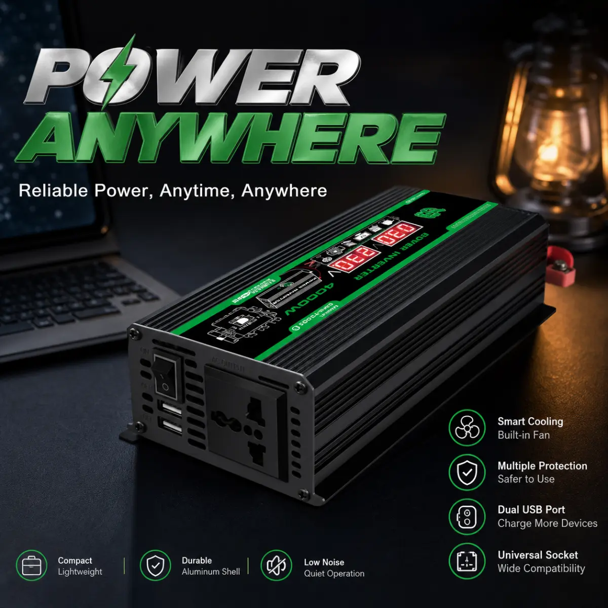 4000W DC to AC 110V Car Power Inverter Dual LED Display USB Charger Solar Converter