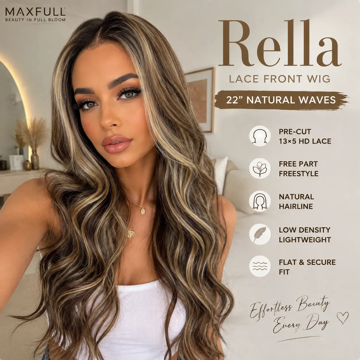 Rella - MaxFull 22 Inch Ash Blonde Balayage Highlight Lace Front Wig | Dark Shadow Root, Natural Wavy Style, Pre-Cut 13x5 HD Lace, Realistic Melted Hairline, Free Part, Low Density Lightweight Beginner-Friendly Glueless Synthetic Wig Trendy Viral Style