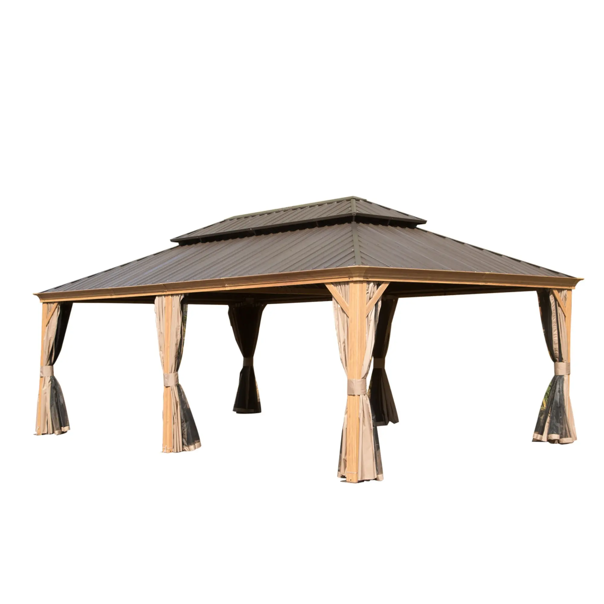 Hardtop Gazebo 14x24FT Outdoor Metal Pavilion with Galvanized Steel Double Roof, Aluminum Frame, Built-in Gutter System, Curtains & Netting, Wood-Looking Finish for Patio Deck Garden, Multiple Options
