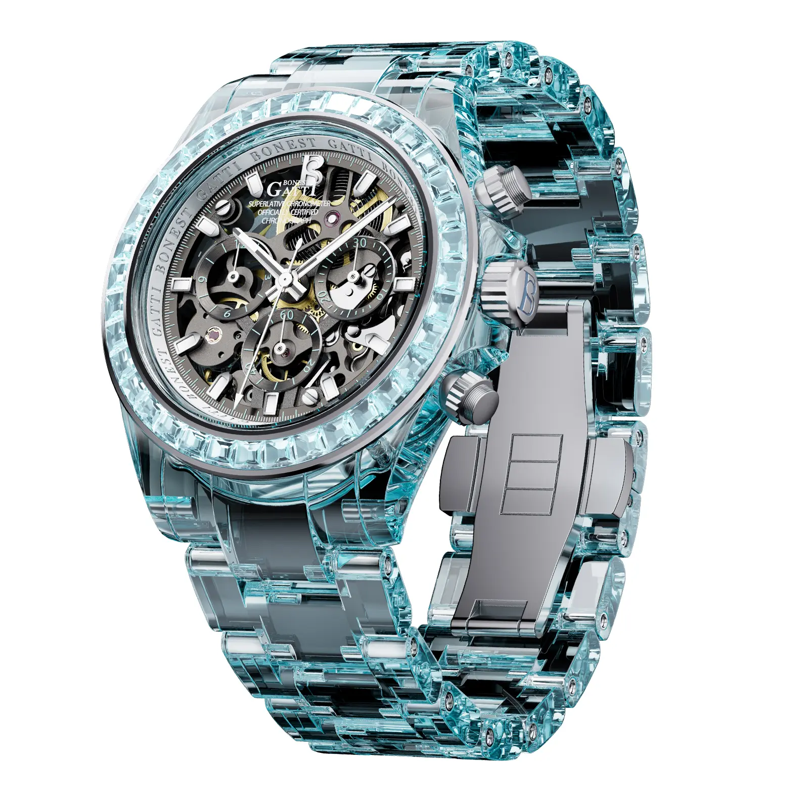 BONEST GATTI Ocean Transparent Crystal Men’s Skeleton Waterproof Automatic Mechanical Watch with Diamond Accents and Luminous Display