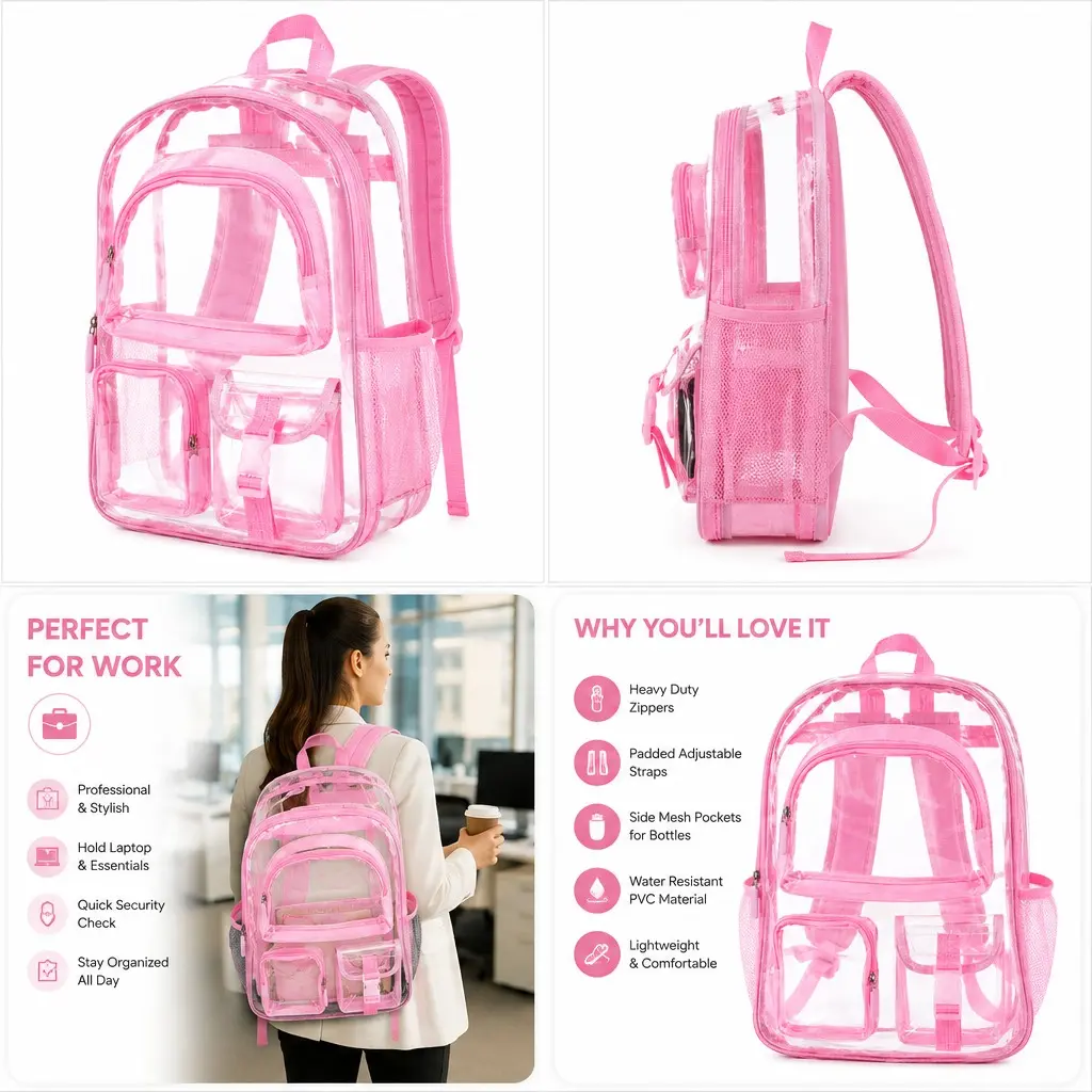 Unisex Transparent High-Capacity Adult Backpack - Minimalist, Stylish Aesthetic, Durable Material, Casual Multi-Function Design - Ideal for Work, School Use Clear Coffin Design Backpack Semi-Transparent Stadium book bag