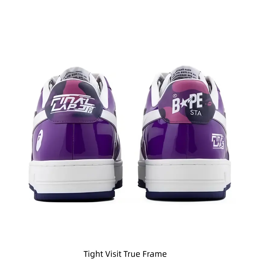 Purple Camo Print Patent Leather Low Top Sneakers Glossy Purple Upper White Star Lightning Logo Ape Head Embroidery White Flat Midsole Dark Purple Outsole Street Casual Skate Shoes for Men Women