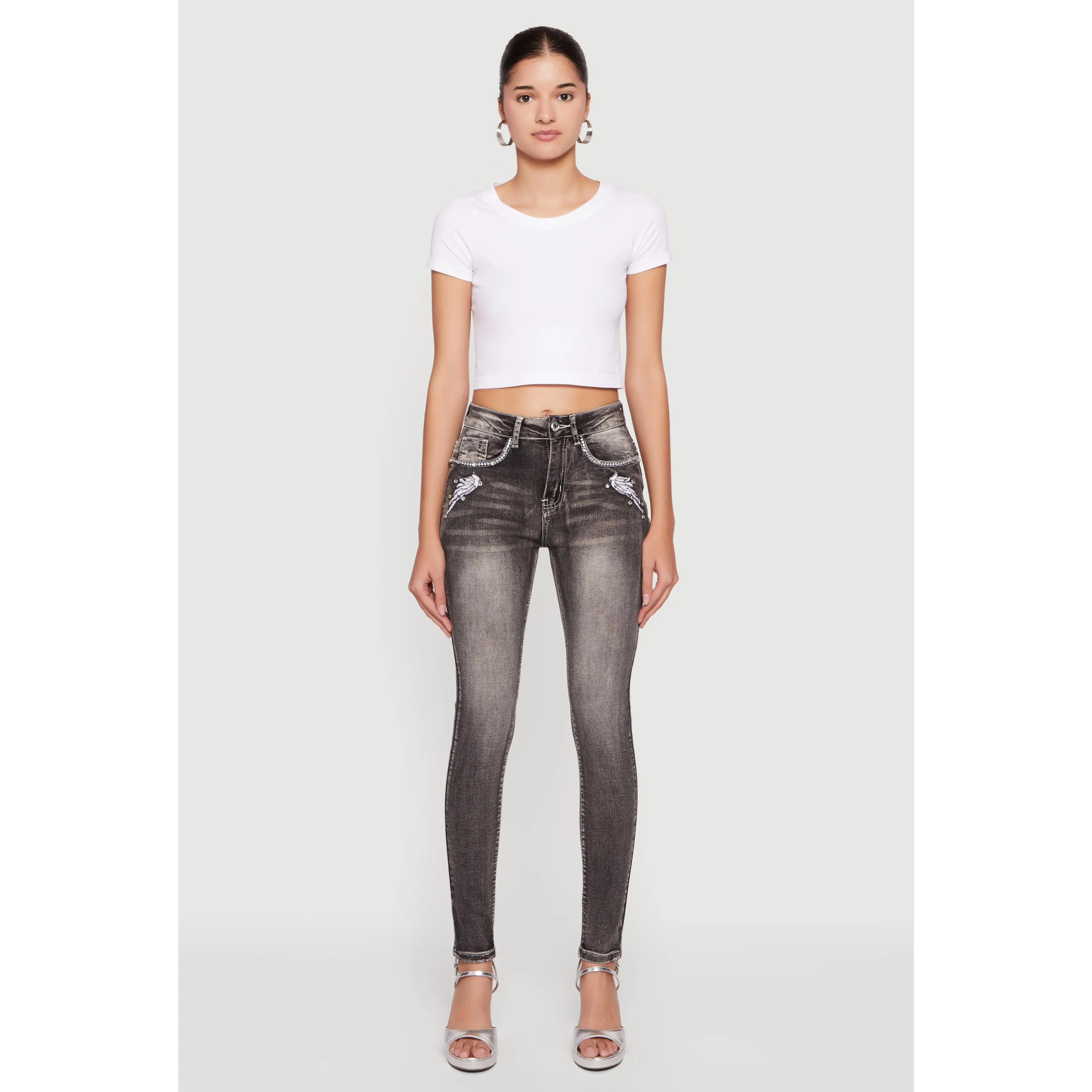 Whiskered Skull Pocket Design Skinny Jeans