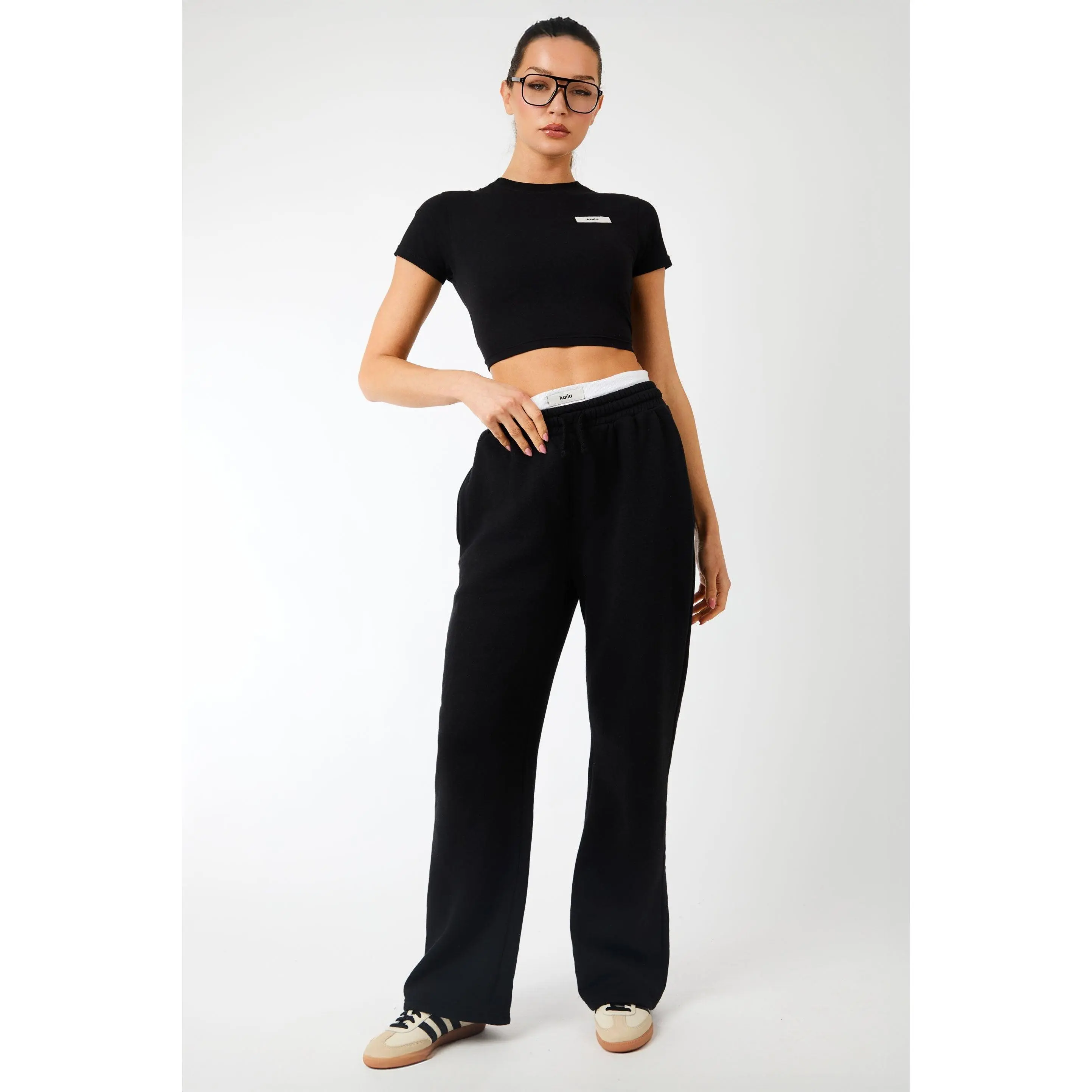 Kaiia Label Logo Exposed Waistband Wide Leg Joggers Black
