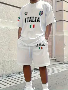 Men's Italy National Team Short Sleeve Set, Summer Loose Fit Sportswear Casual Two-Piece, Trendy Couple Clothing