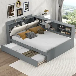 Full Size Bed with Trundle, Wood Platform Bed with Shelves and Storage Headboard, No Box Spring Needed
