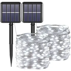 Solar Fairy String Lights for Outside Outdoor Waterproof Cool White 2Pack Total 200LED 66Ft 8 Modes Mini Mini Small Solar Powered Lights for Christmas Garden Patio Fence Balcony