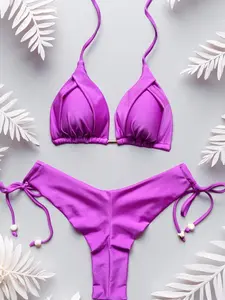 Women's Sexy Triangle Bikini Set, Micro Bikini Two-Piece Swimsuit, Fitted Beachwear for All Seasons, Plain Style Swimwear, Ruched Bikini