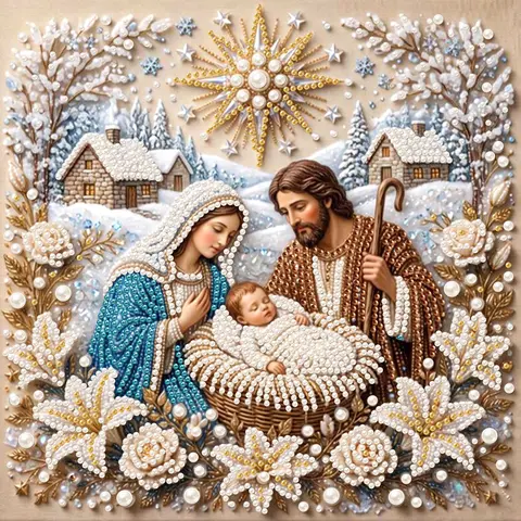 12x12in Nativity Scene Pearl Art Kit - Easy Start DIY Needlework Craft Supplies for Adults, Hobbies Kit Adults, Crafting with Colorful Beads, Mary, Baby Jesus, Joseph, Diamond Dots, Mosaic Gem Art, Handmade Gift Option