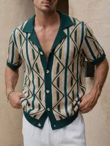 New Summer Autumn Patchwork Striped Pattern Turn-Down Collar Knit Sweater, Men's Casual Fitted Short Sleeve Top, Comfortable Daily Wear