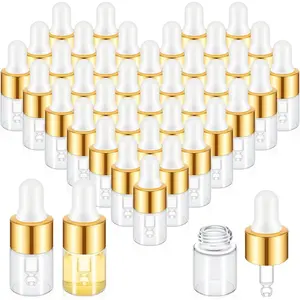 Mini Oil Dropper Bottle Bulk, Clear Small Empty Sample Containers Perfume Liquid Vials with Cap for Traveling(2 ml,Gold,100 Pcs)