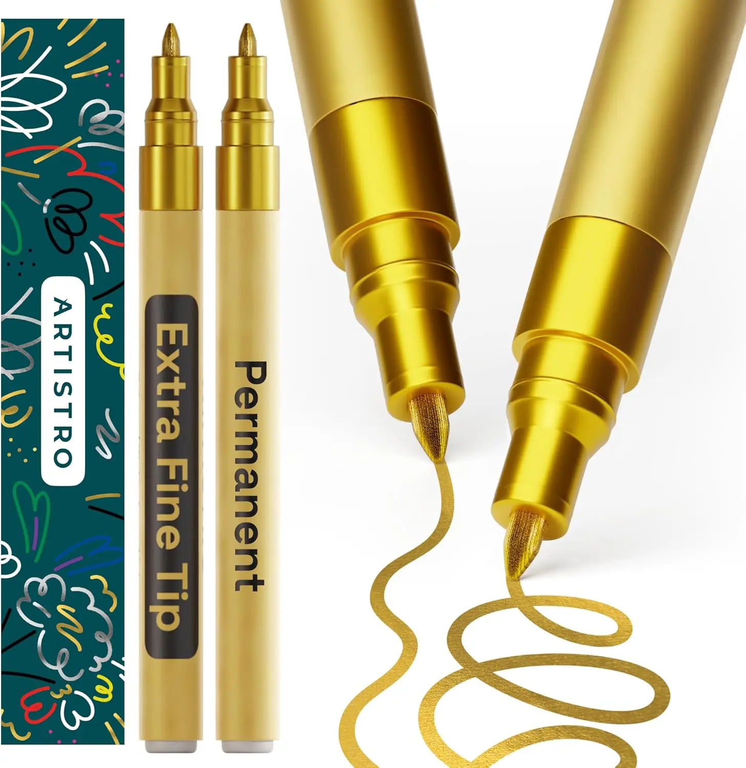 2 Gold Permanent Marker - Waterproof Markers for Tire, Fabric, Rocks, Glass, Ceramic, Wood, Paper - Oil Based Metallic Paint Pens - Extra-Fine Tip 0.7mm