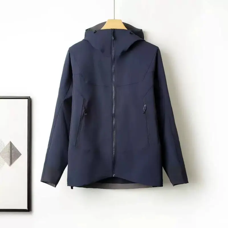 Blue-gray hooded waterproof and windproof outdoor mountaineering jacket for mountain climbing, men's and women's same style