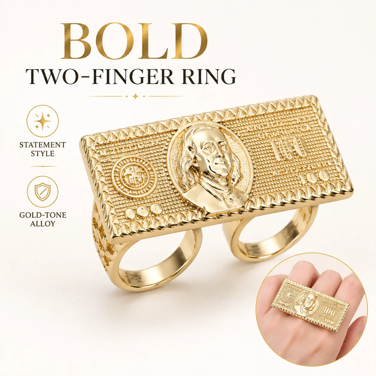 Men's Fashionable Nugget Hip-Hop US Dollar Banknote Finger Ring - Unique, Jewelry, Cool, Chunky Gold, Fashion Stackable Styles, Versatile Party Accessory, Ideal Halloween & Birthday Gift, Unique Rings, Jewelry Rings