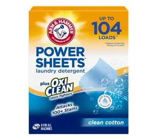 Power Sheets Laundry Detergent Plus OxiClean Stain Fighters, Clean Cotton Scent, 52 Count, 104 Medium Loads