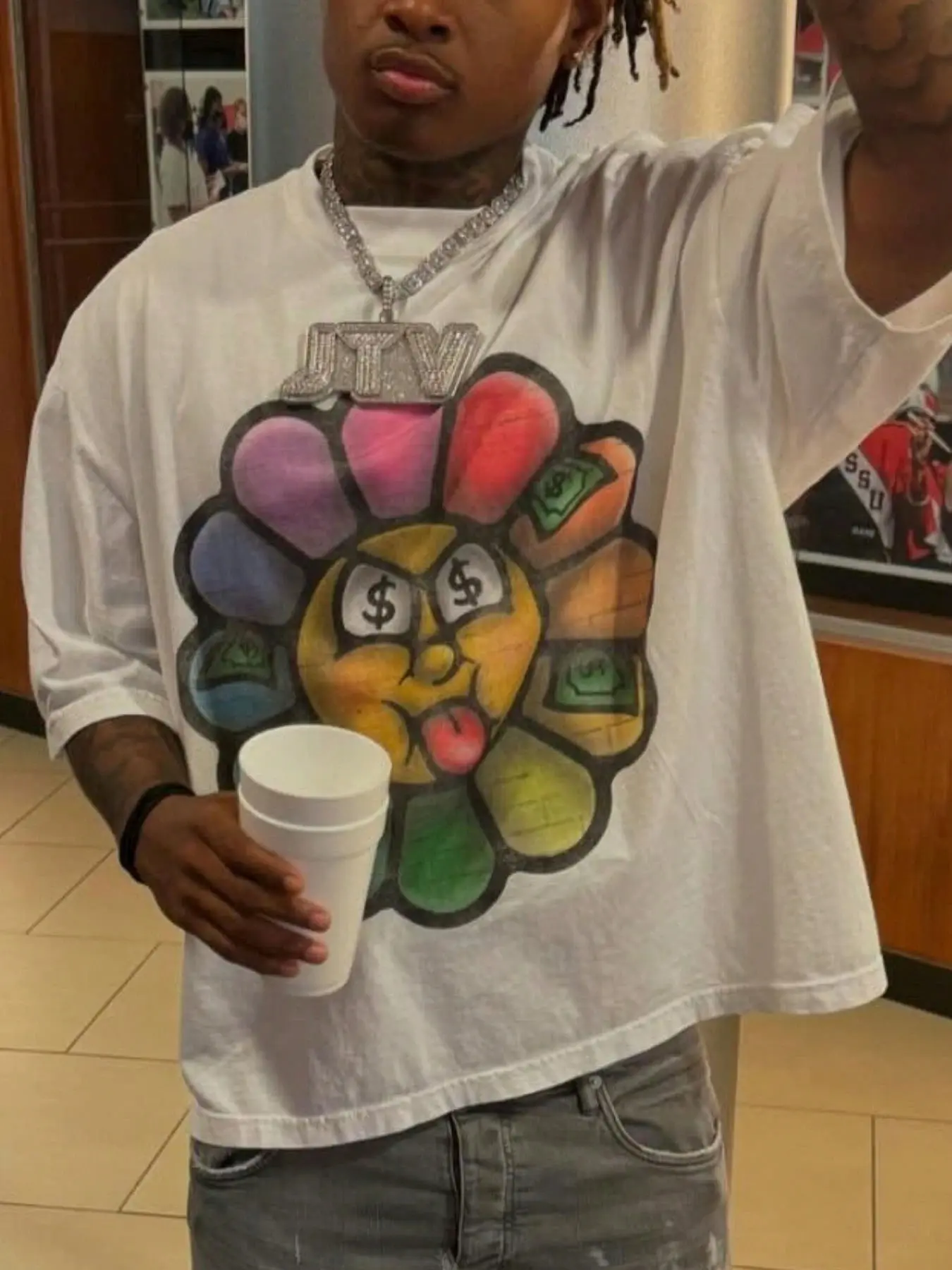Men's Loose-Fit Rainbow Sunflower Casual Printed Graphic T-Shirt, Short Sleeve Casual Streetwear, Y2K Hip-Hop Style, Daily Wear Top, Casual Loose Tee