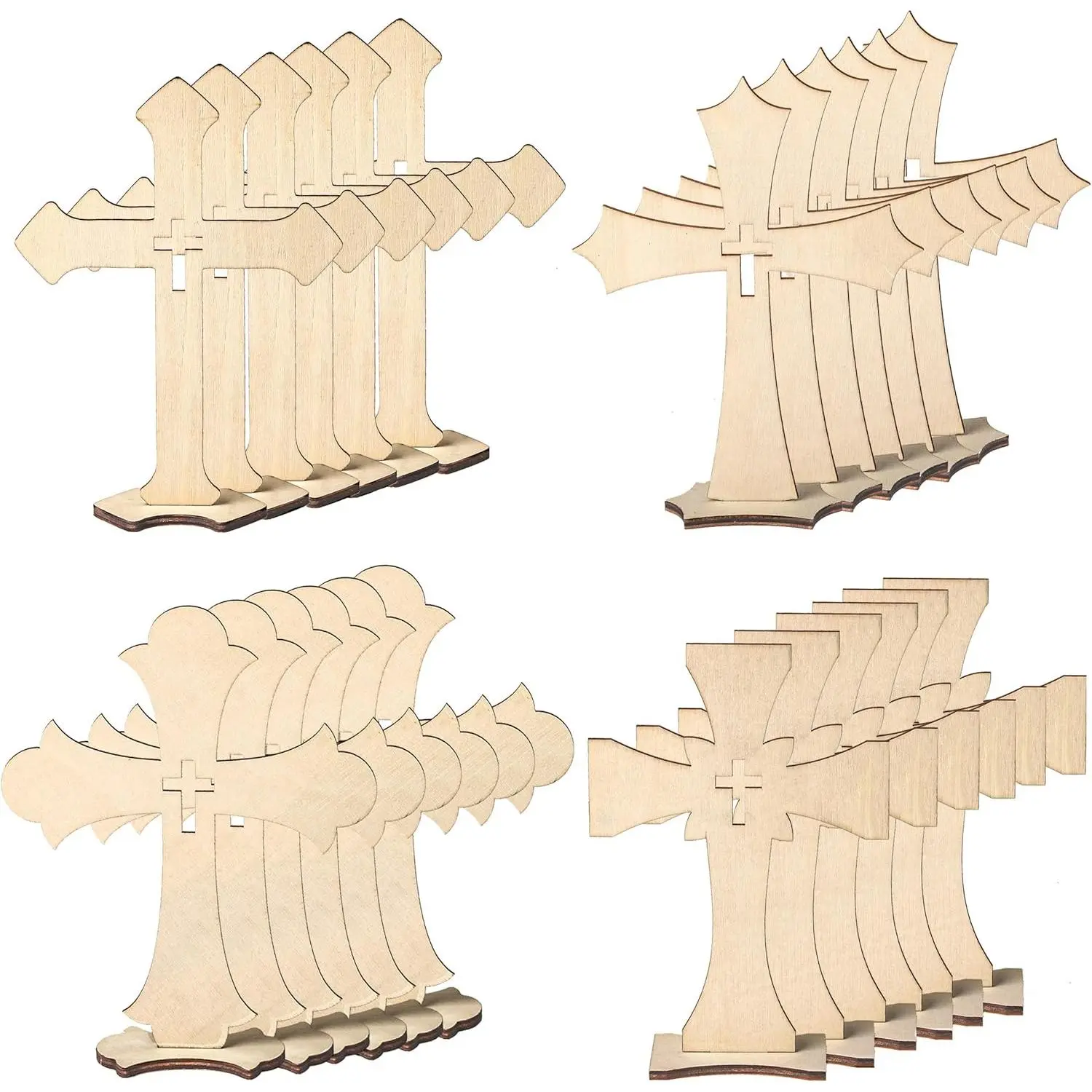 24 count Wooden Crosses for Crafts 4 Styles Unfinished Catholic Wooden Crosses Bulk with Stands  centerpieces for Tables  Standing  for First Communion Baptism Easter Decor