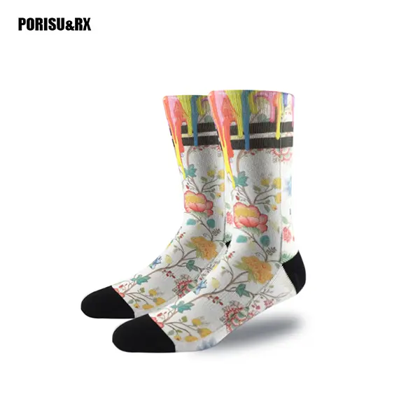 Trendy skateboard sports socks for men and women medium tube thickened towel bottom print graffiti flower socks Color pigment creative socks