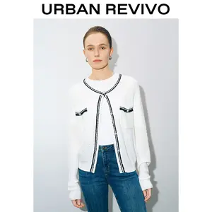 URBAN REVIVO Women's Chic Long-Sleeve Solid Pearl Button-Detail Cardigan - Medium-Length, Elegant Open-Front Crew Neck, Fitted Lightweight Knit Top, Casual Style for Spring, Versatile to Pair with Skirts