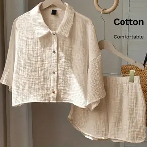 women apricot breathable cotton shirt and shorts suit 2 piece set summer casual outfit