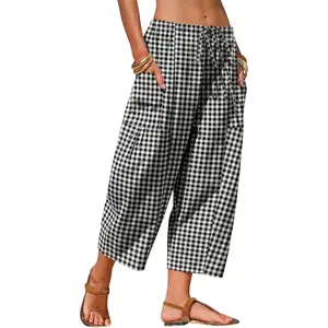 Womens Cotton Faux Linen Gingham Barrel Capri Pants Plaid Palazzo Trousers Harem Pants Pockets Summer Beach Vacation
