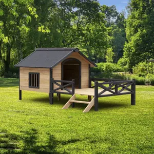 Outdoor Large Cabin House Style Wooden Dog Kennel with Porch Waterproof and Winter Warm