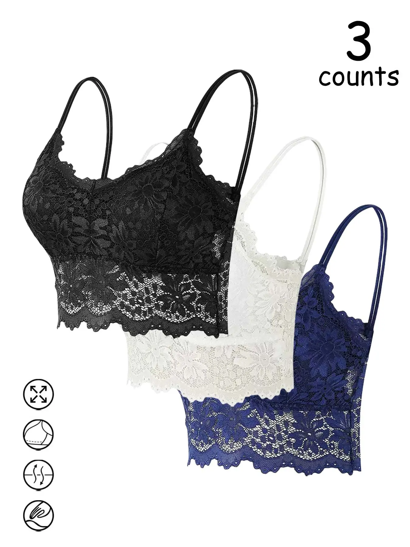 3 Piece Lace Camisole Top Set in Multiple Colors, Breathable Fitted Casual Design for All Seasons, Comfortable and Shaping Everyday Wear