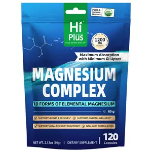 HiPlus Magnesium Complex 1200mg - 10 Forms Full Spectrum Blend, High Absorption Gluten Free Vitamins with Glycinate, Malate & Citrate - Supports Restful Sleep, Muscle Recovery - Vegan, 120 Capsules