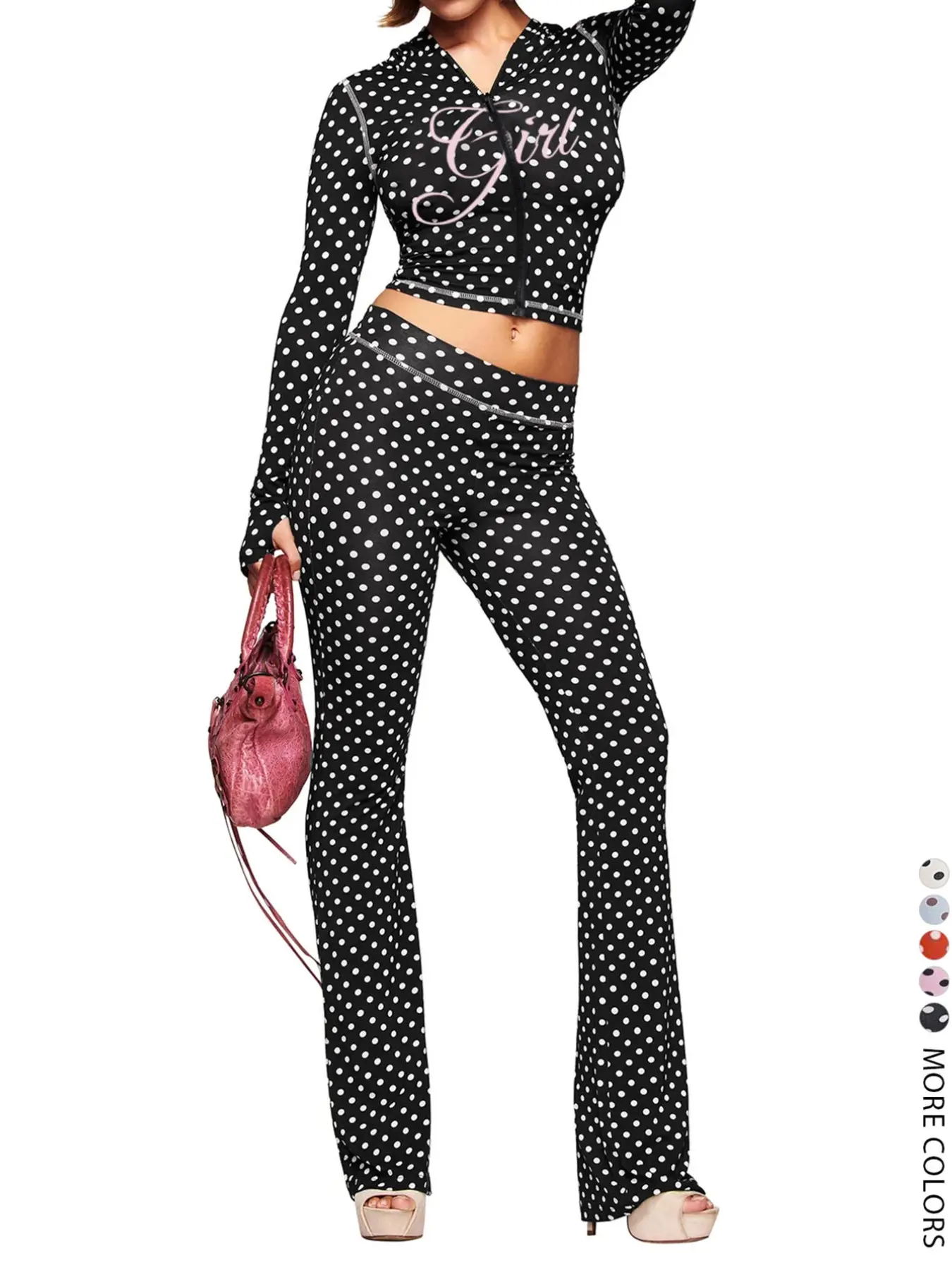 LovelyWholesale Women's Casual Spring Sporty Vintage Polka Dot Letter Print Hooded Long Sleeve Crop Top and Wide Leg Pants Set Outfit, Colorblock Zipper Design Lady, Womenswear, Hoodie, Casual Loungewear Set, Streetwear Set