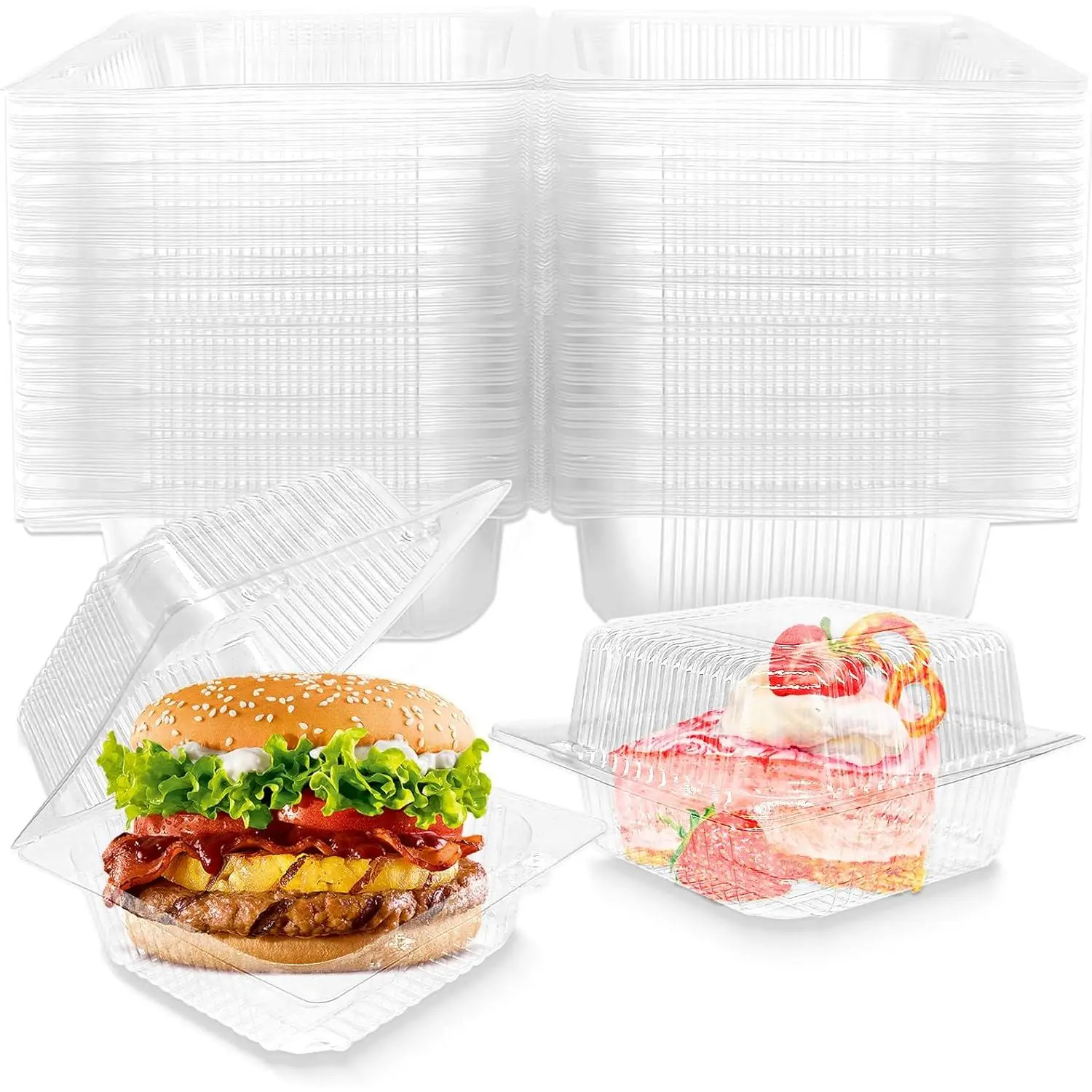 50 Pack Clear Plastic ClamShell  Containers, Square Cake Slice Clear Containers with Hinged Lids, Disposable To Go bento cake Boxes for Pastry,Salad,Dessert,Sandwiches,Fruit