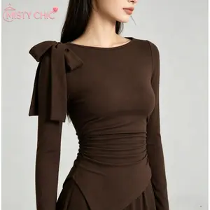 MISTY CHIC Polished Viral Tie-Shoulder Ruched Blouse with Asymmetrical Hem and Long Sleeves, Fitted Elegant Vibe, Perfect for Office, Date Night and OOTDs That Slay With Sleek, Feminine Style