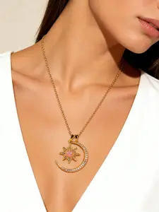Arabic Style Sun Moon Necklace, Full Diamond Pendant, Stainless Steel, Elegant Middle Eastern Jewelry, Perfect for Daily Wear